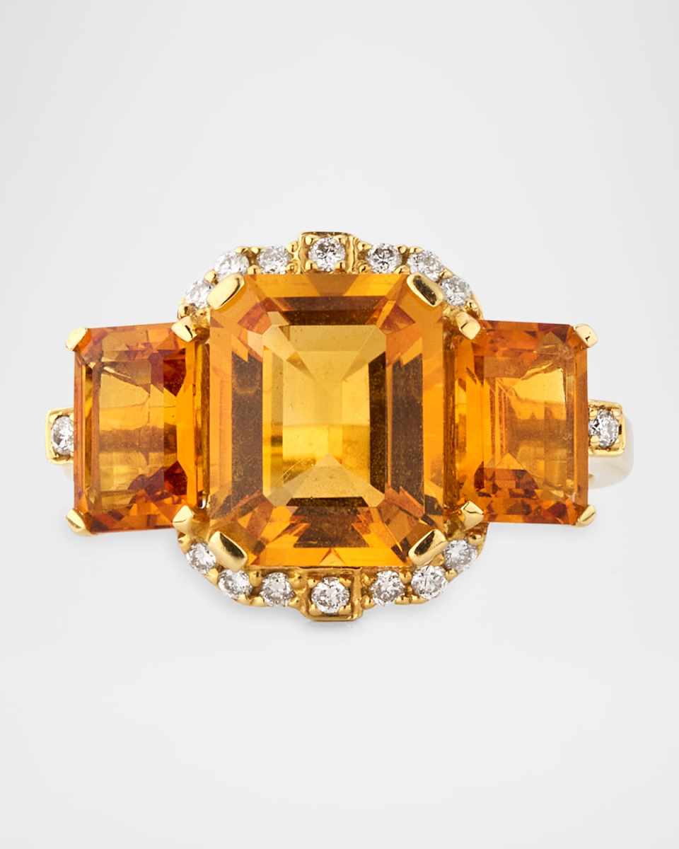 Gossip Citrine 3 Stone Emerald Cut Ring with Diamond in 18K Yellow Gold